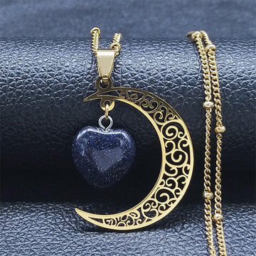 Kaze Vintage Moon and Heart Natural Stone Necklace | Stainless Steel Celestial Pendant Gold 50cm