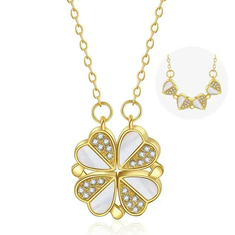 Kaze Four-Leaf Clover and Heart Pendant Necklace | Gold Titanium Steel Lucky Love Necklace