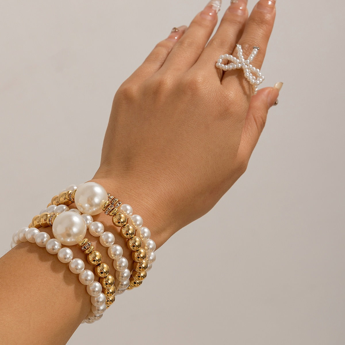 Kaze Pearl Stacking Bracelet | 18K Gold Multi-Layer Pearl Bracelet in White &amp; Gold