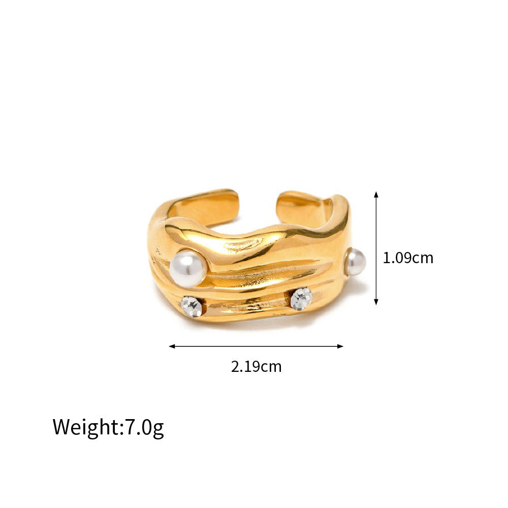 Kaze Pearl and Diamond Textured Open Ring | 18K Gold Luxury High-End Ring