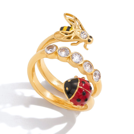 Kaze Ladybug Zircon Titanium Steel Ring | 18K Gold Lucky Charm Ring in Ring A, B &amp; C