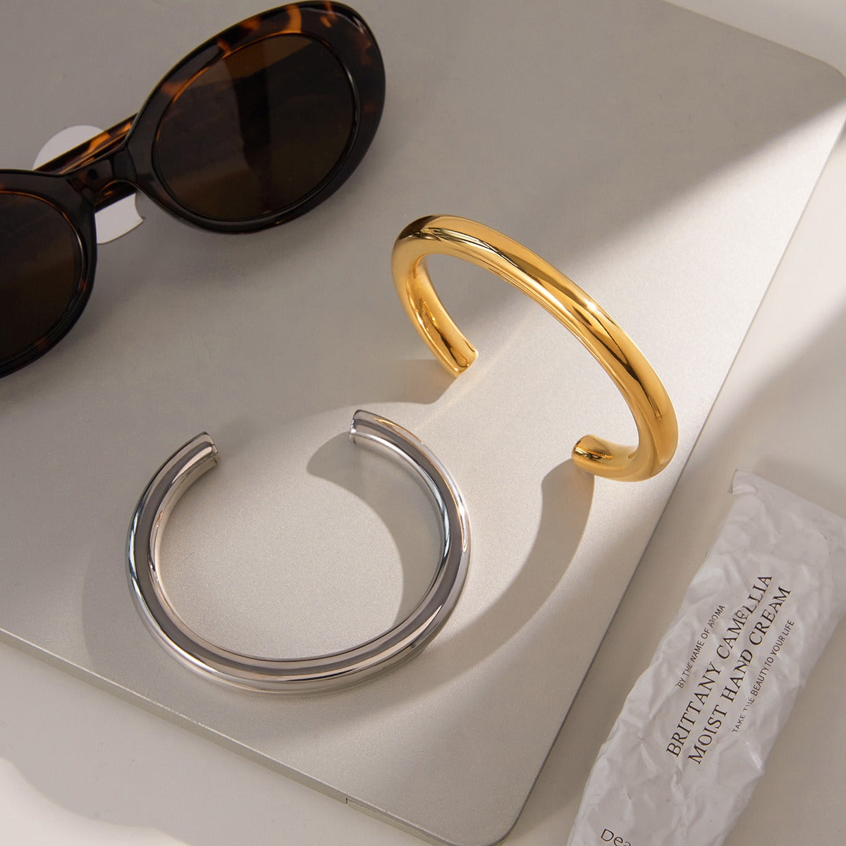 Kaze 18K Gold-Plated Open-Ended Titanium Steel Bracelet | S925 Silver Accent Bracelet in Gold &amp; Silver