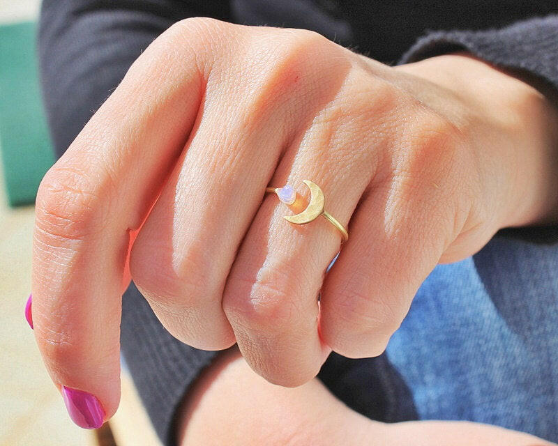 Kaze Moonlit Elegance Moon Phase Ring | Adjustable Celestial Ring in Brass &amp; White Steel