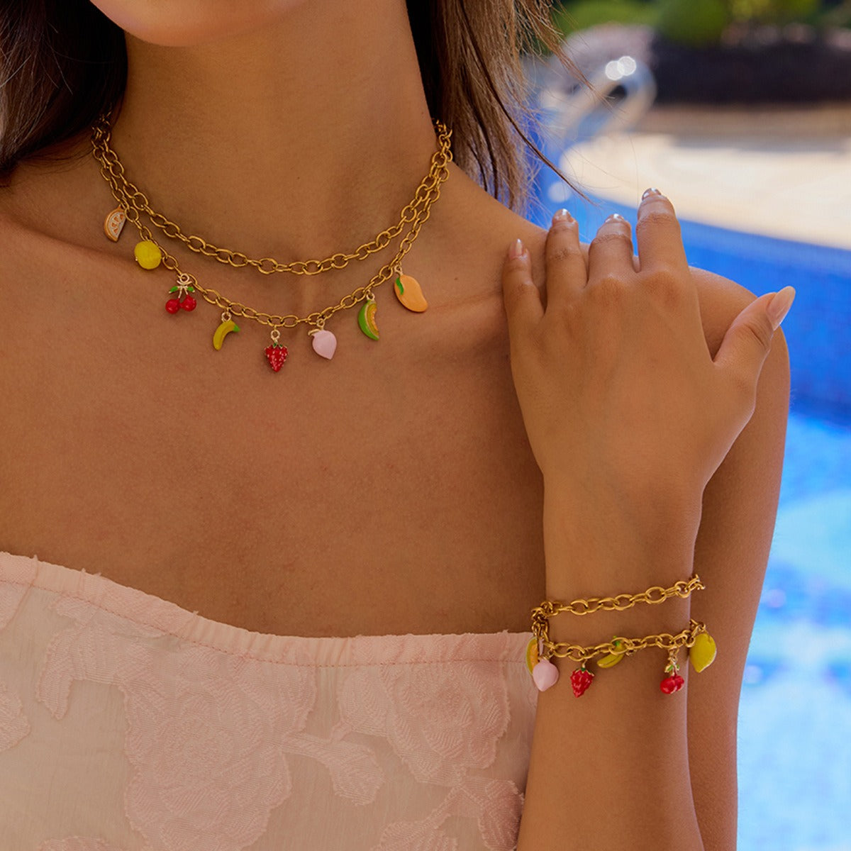 Kaze 18K Gold Thick Chain Fruit Pendant Jewellery Set | Necklace, Bracelet &amp; Earrings in 18K Gold