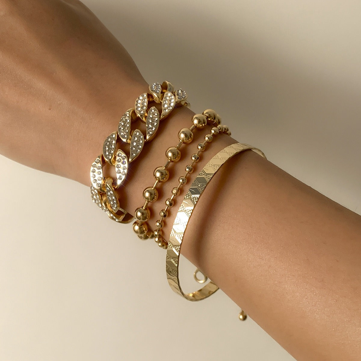 Kaze Diamond-Encrusted Cuban Clasp and Hip-Hop Round Bead Chain Bracelet Set | 18K Gold Statement Bracelet Only