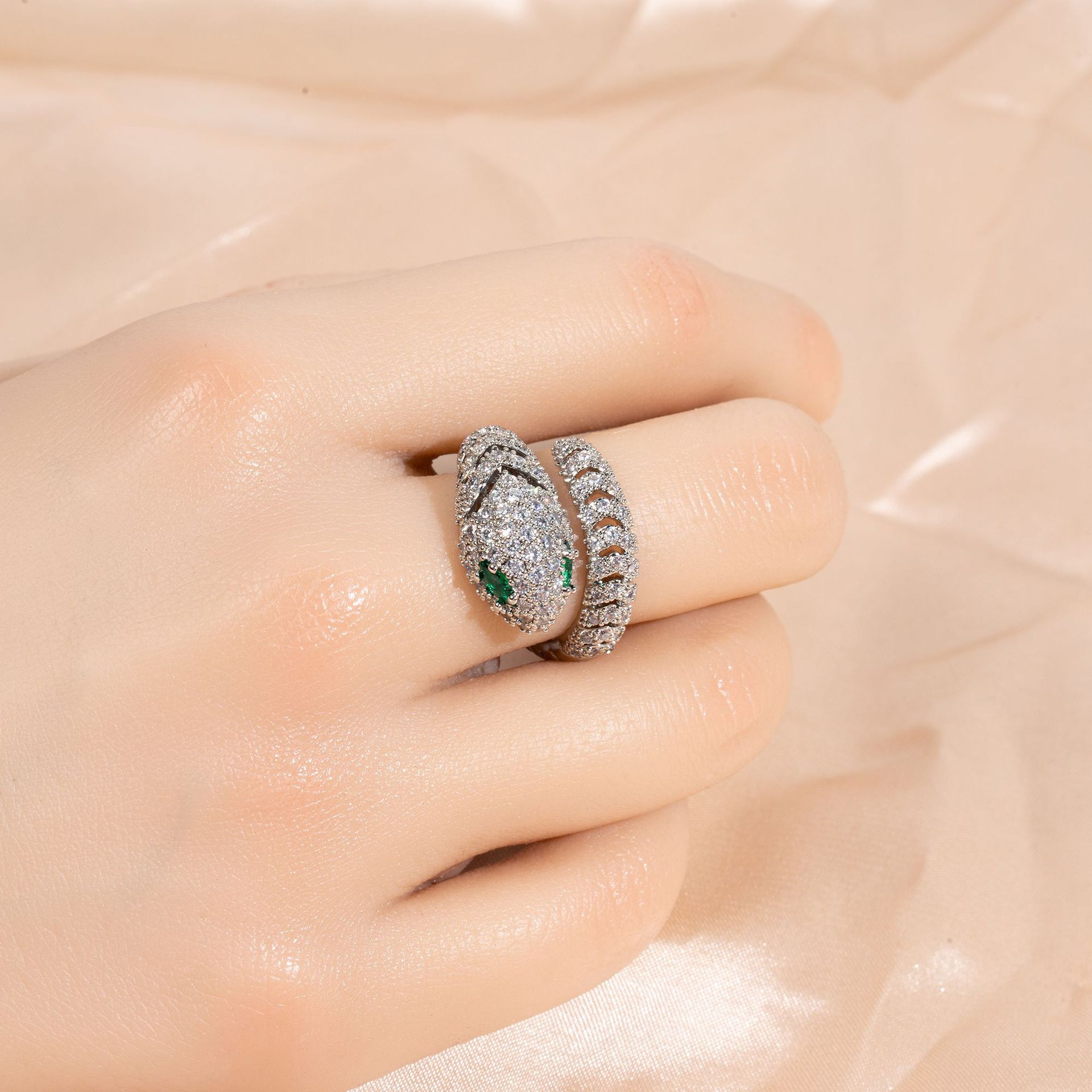 Adjustable Open-Band Snake Ring with Cubic Zirconia Inlay