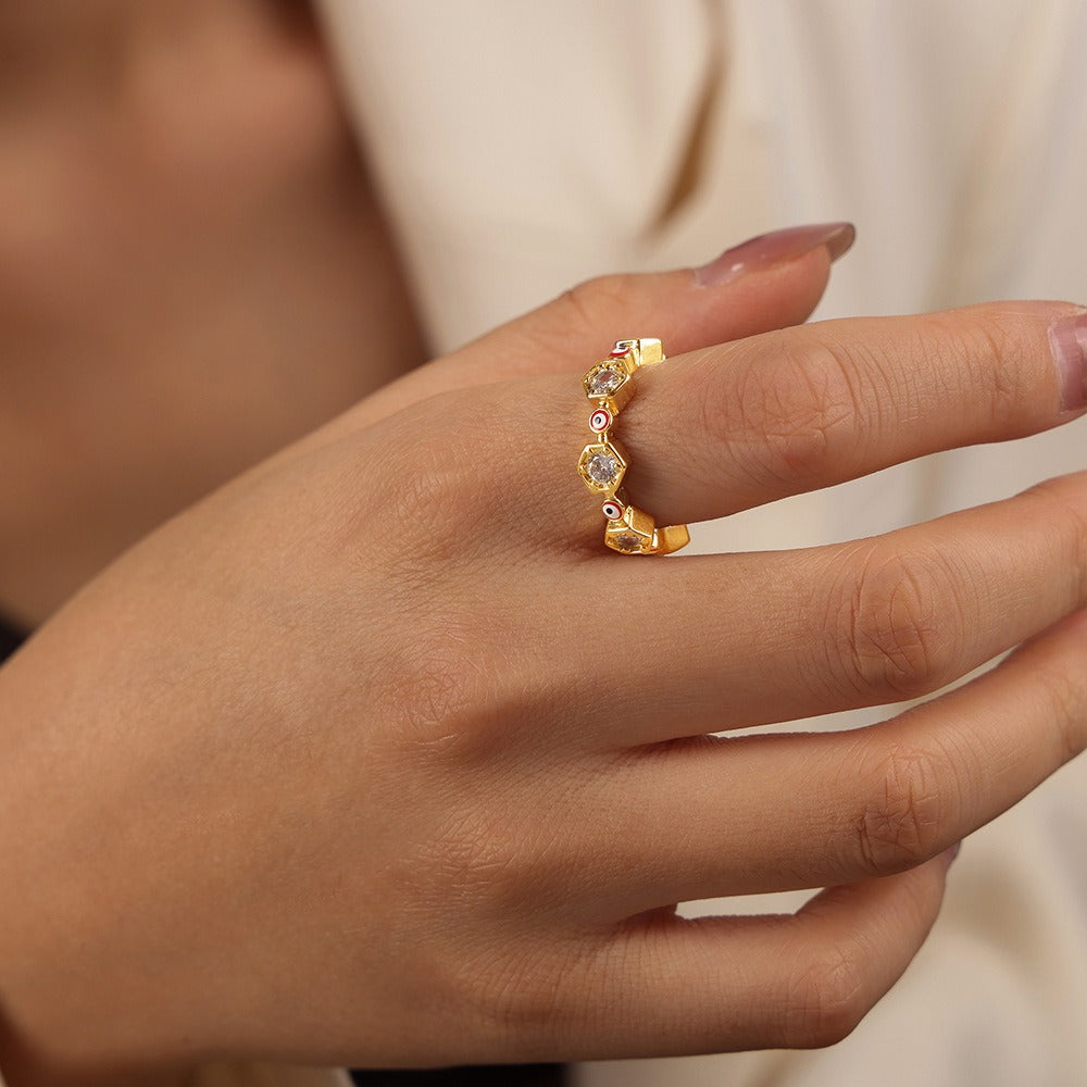 Kaze Geometric Hexagonal Devil's Eye Zircon Ring | 18K Gold Adjustable Ring in 5 Colours Red Adjustable