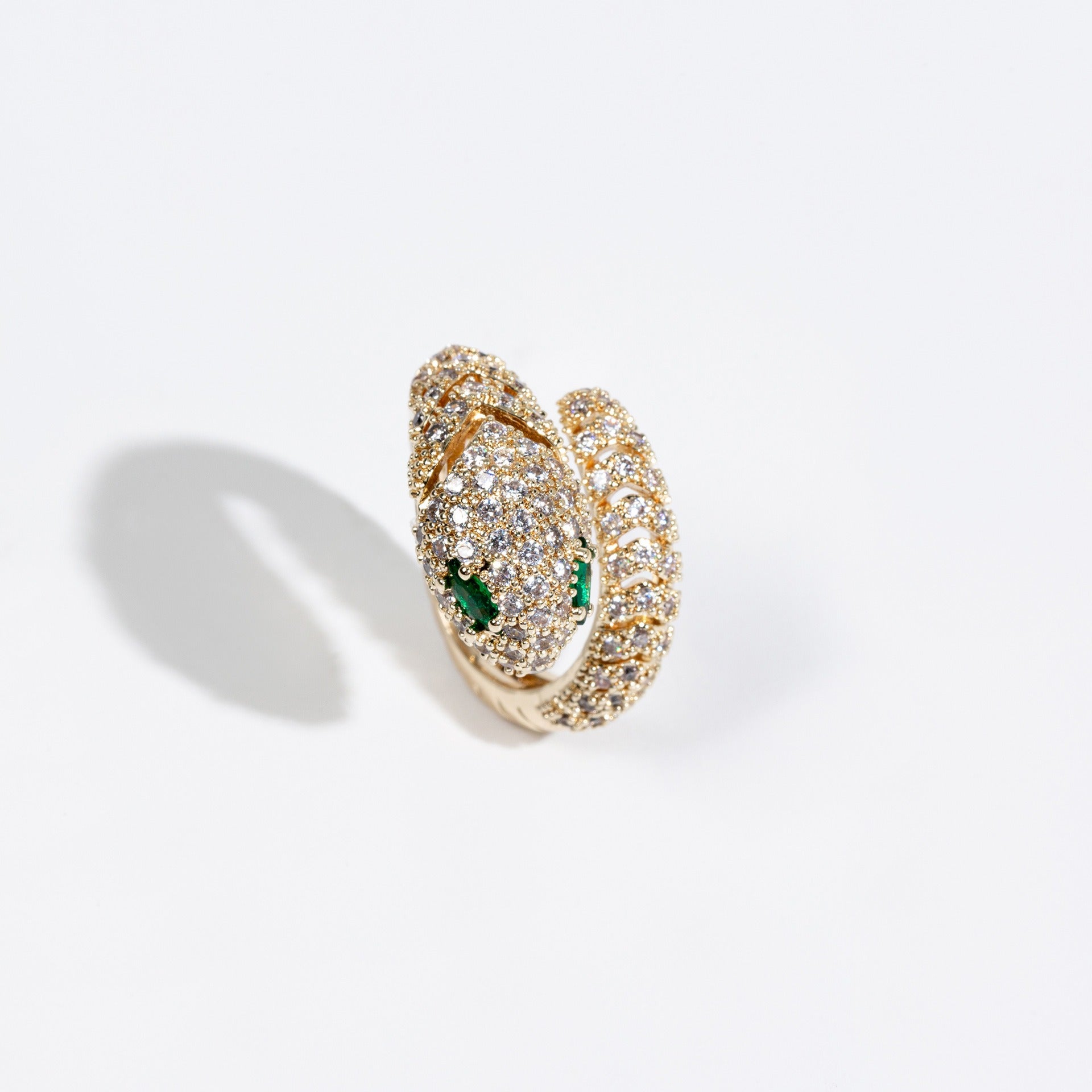 Adjustable Open-Band Snake Ring with Cubic Zirconia Inlay Gold