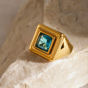 Kaze Simple Elegant Square Gemstone Ring | 18K Gold Ring in White, Green &amp; Blue Size 7