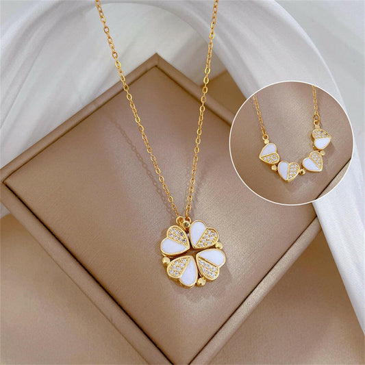 Kaze Four-Leaf Clover and Heart Pendant Necklace | Gold Titanium Steel Lucky Love Necklace