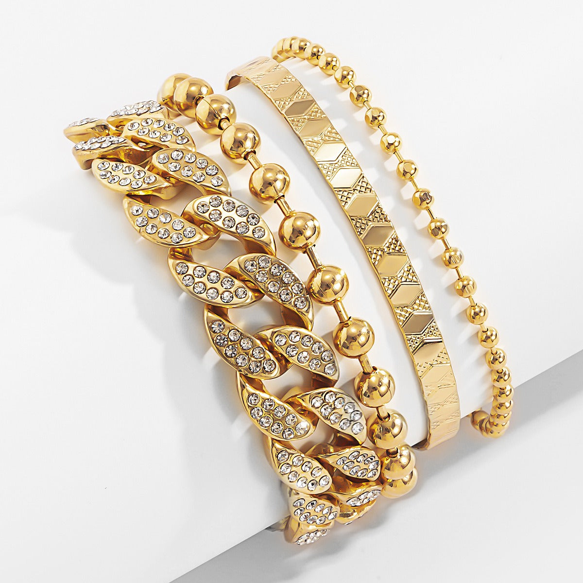 Kaze Diamond-Encrusted Cuban Clasp and Hip-Hop Round Bead Chain Bracelet Set | 18K Gold Statement Bracelet