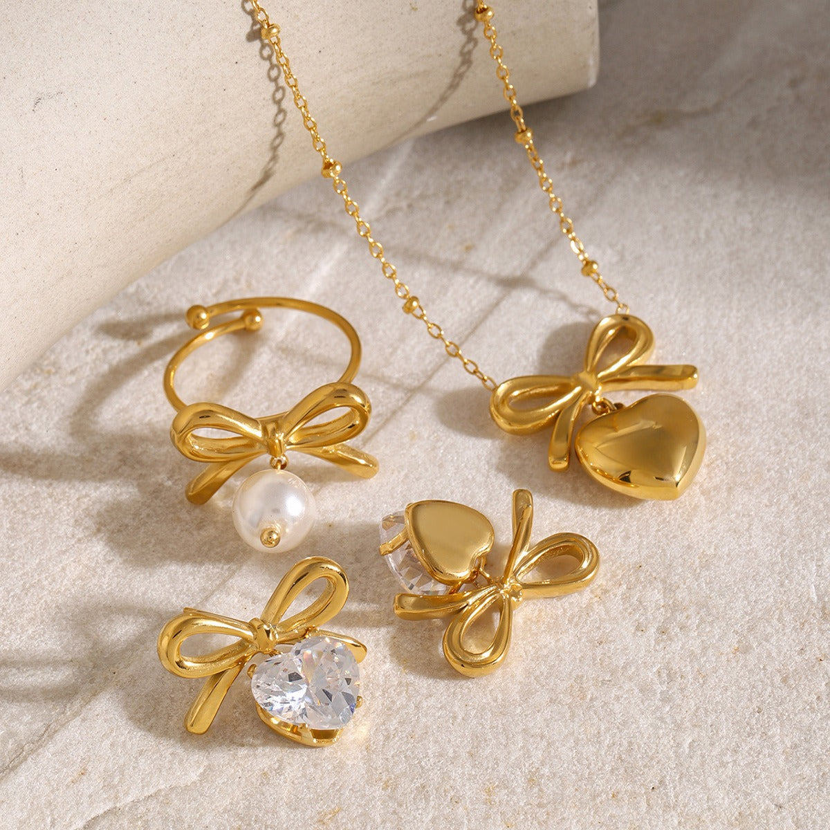 Kaze Sunflower Pearl Earring and Ring Set | 18K Gold Noble Light Luxury Jewellery Set