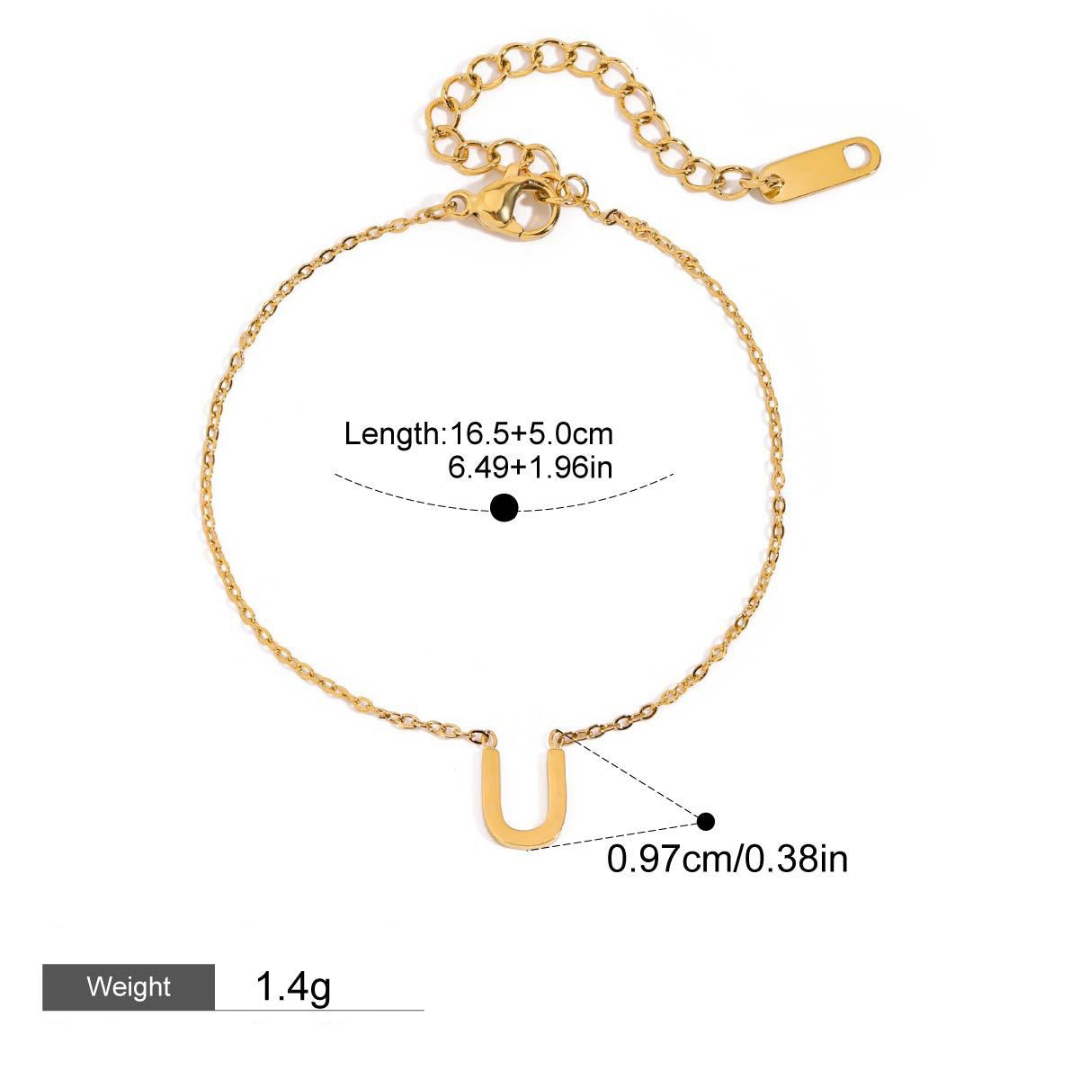 Kaze 18K Gold Customizable English Letter Pendant Bracelet | Personalised Initial Bracelet A–Z Style U