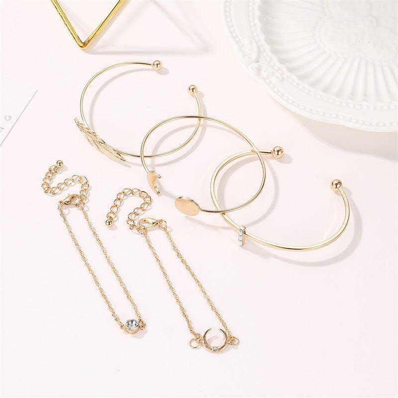 Kaze Five-Piece Boho Moon, Leaf and Crystal Bracelet Set | Gold-Tone Alloy Stacking Bracelet Set