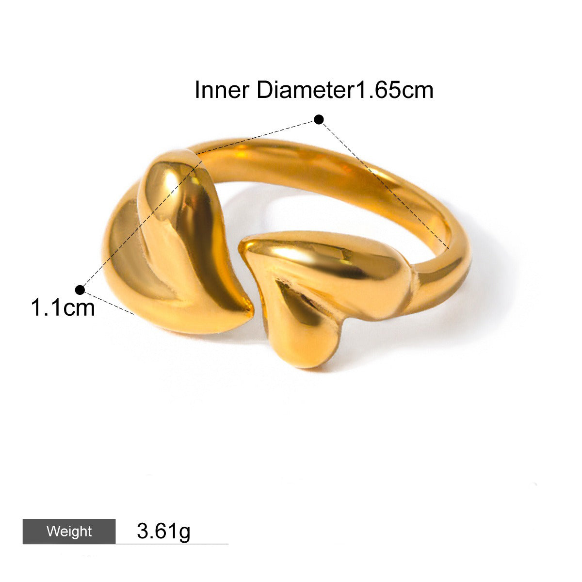 Kaze Double Heart Luxury Open Ring | 18K Gold Romantic Adjustable Ring