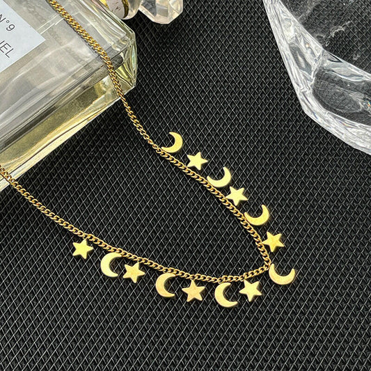 Kaze Luxury Retro Star and Moon Tassel Necklace | Titanium Steel Gold Inlay Celestial Pendant