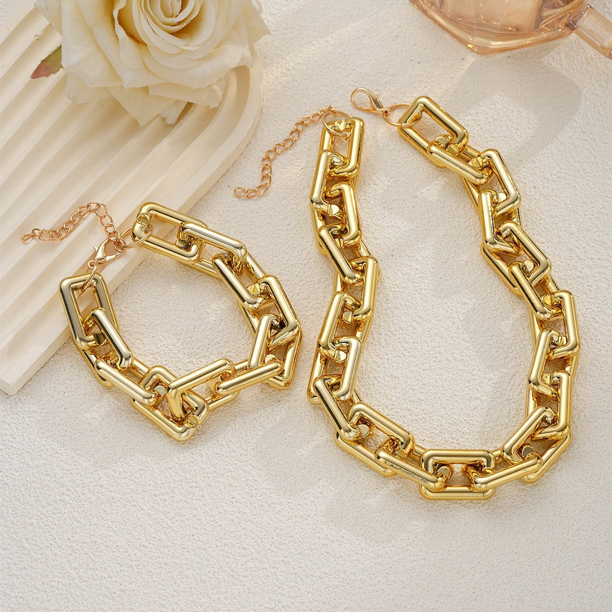 Kaze Geometric Rectangular Chunky Chain Bracelet and Necklace Set | 18K Gold S925 Silver in Gold &amp; Silver