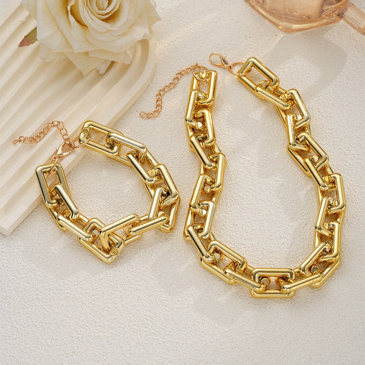 Kaze Geometric Rectangular Chunky Chain Bracelet and Necklace Set | 18K Gold S925 Silver in Gold &amp; Silver