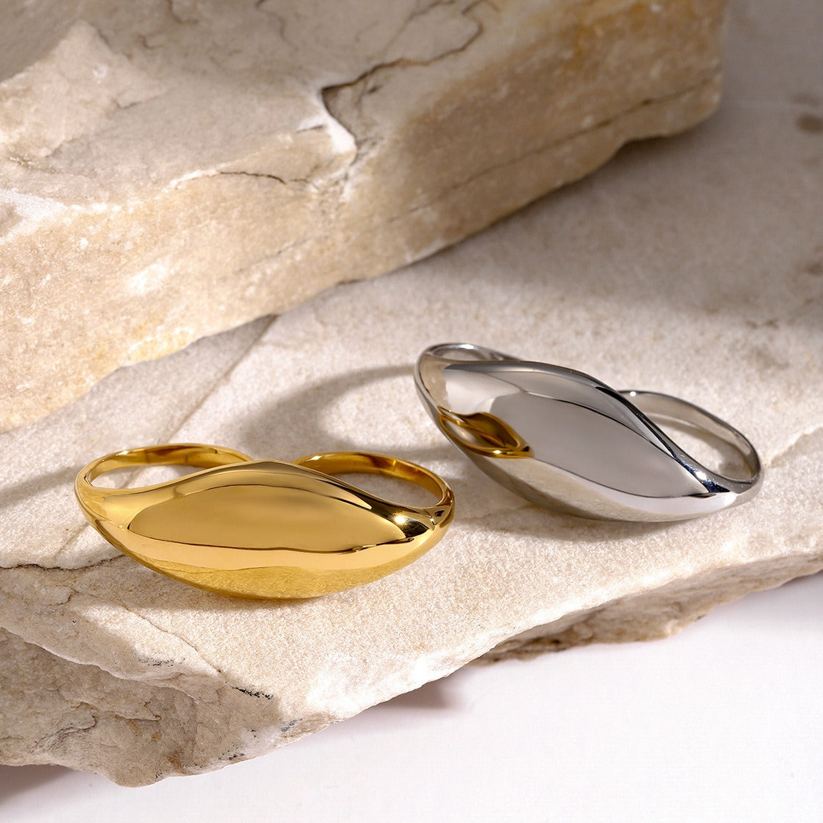 Kaze Chubby Geometric Two-Finger Design Ring | 18K Gold Bold Statement Ring in Gold &amp; Silver