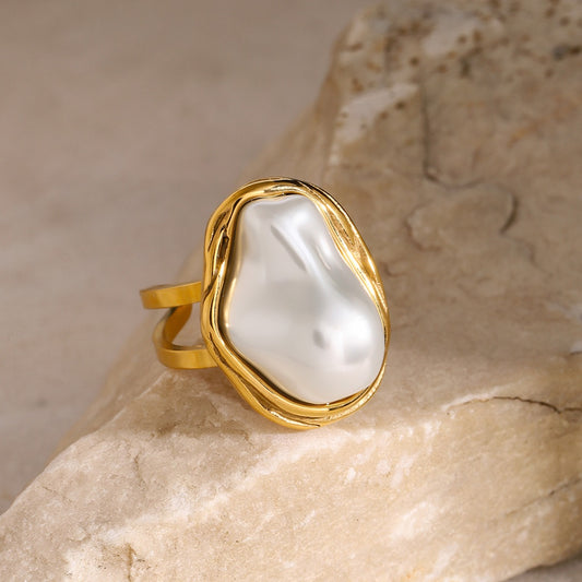 Kaze Elegant Retro Pearl Design Ring | 18K Gold Light Luxury Adjustable Ring