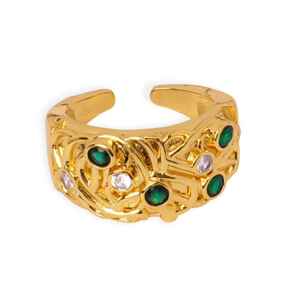Kaze Retro Irregular Carved Zircon Open Ring | 18K Gold-Plated Stainless Steel Adjustable Ring Adjustable