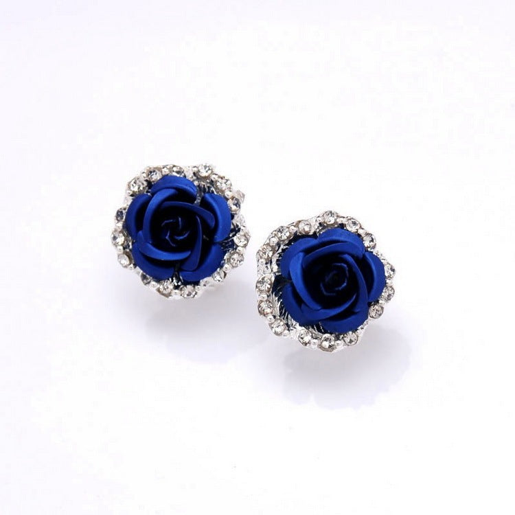 Kaze Rose Flower Ear Clip Earrings | Korean-Style Geometric Diamond Earrings in 9 Colours Dark Blue