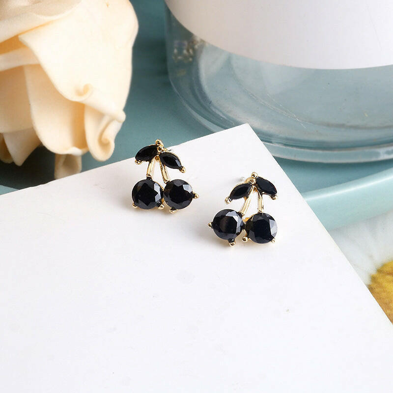 Kaze Cute Cherry Drop Earrings | Black Alloy Gemstone Charm Earrings for Women