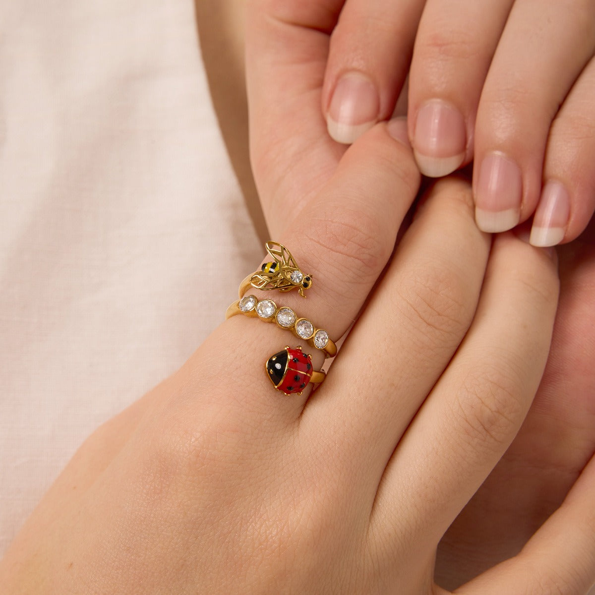 Kaze Ladybug Zircon Titanium Steel Ring | 18K Gold Lucky Charm Ring in Ring A, B &amp; C