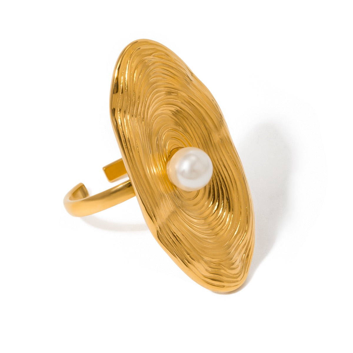 Kaze Oval Pearl Inlay Textured Ring | 18K Gold Adjustable Pearl Ring Adjustable