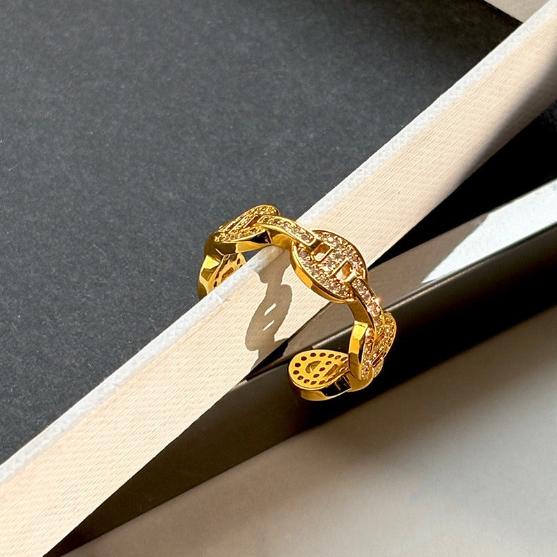 Kaze Pig Nose Rhinestone Open Adjustable Ring | 18K Gold S925 Silver Ring in Diamond &amp; Smooth Variants Set with diamonds Adjustable
