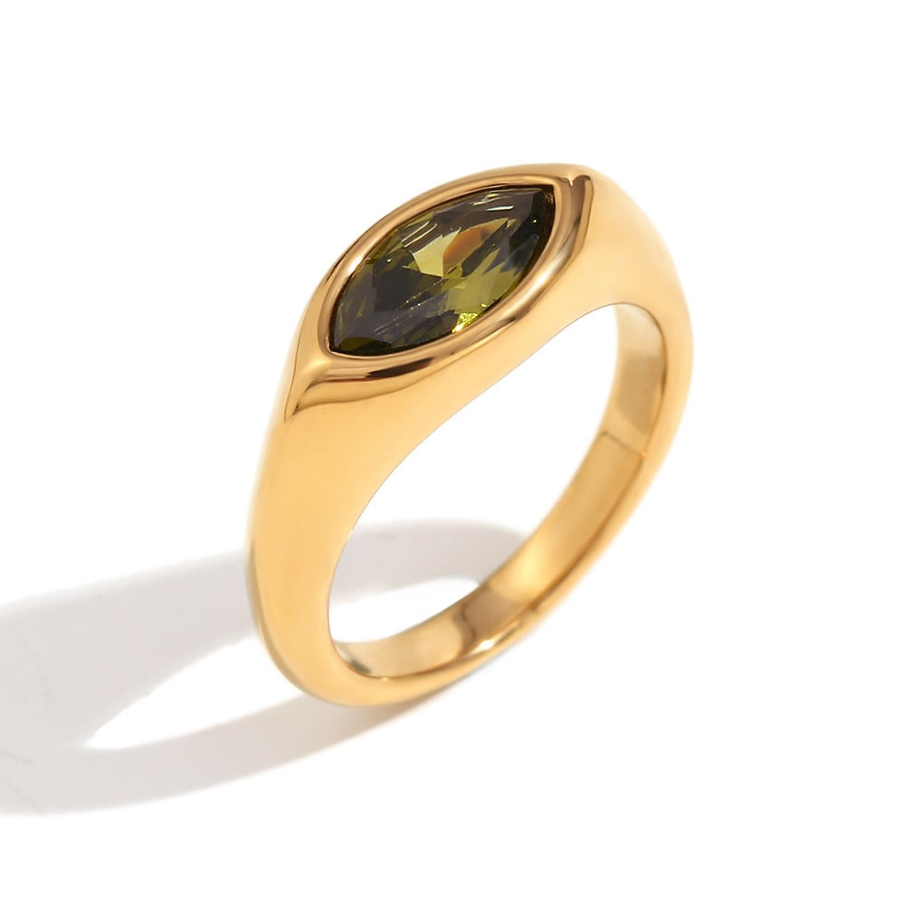 Kaze 18K Gold Marquise-Cut Zircon Vintage Signet Ring | Titanium Steel Ring in 4 Styles Sizes 5–9 US Ring D