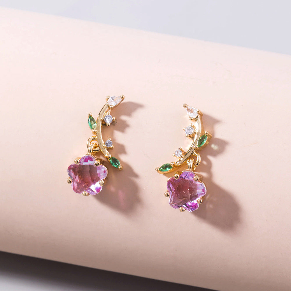 Kaze Plum Blossom Zircon Leaf Flower Drop Earrings | Gold Alloy Botanical Earrings