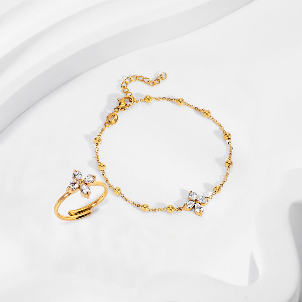 Kaze Four-Leaf Clover Gemstone Jewellery Set | 18K Gold Necklace, Bracelet, Earrings &amp; Ring