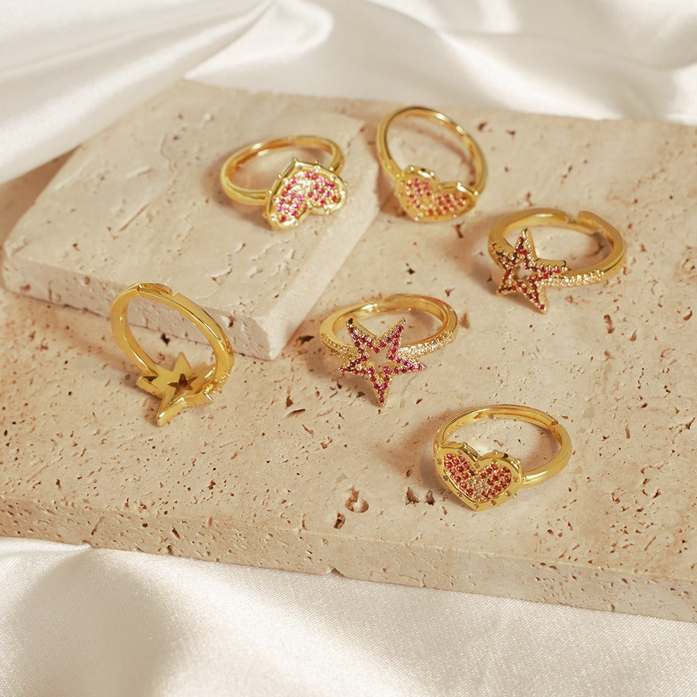 Kaze Heart and Hollow Star Zircon Ring | 18K Gold Adjustable Ring in Heart &amp; Star Design