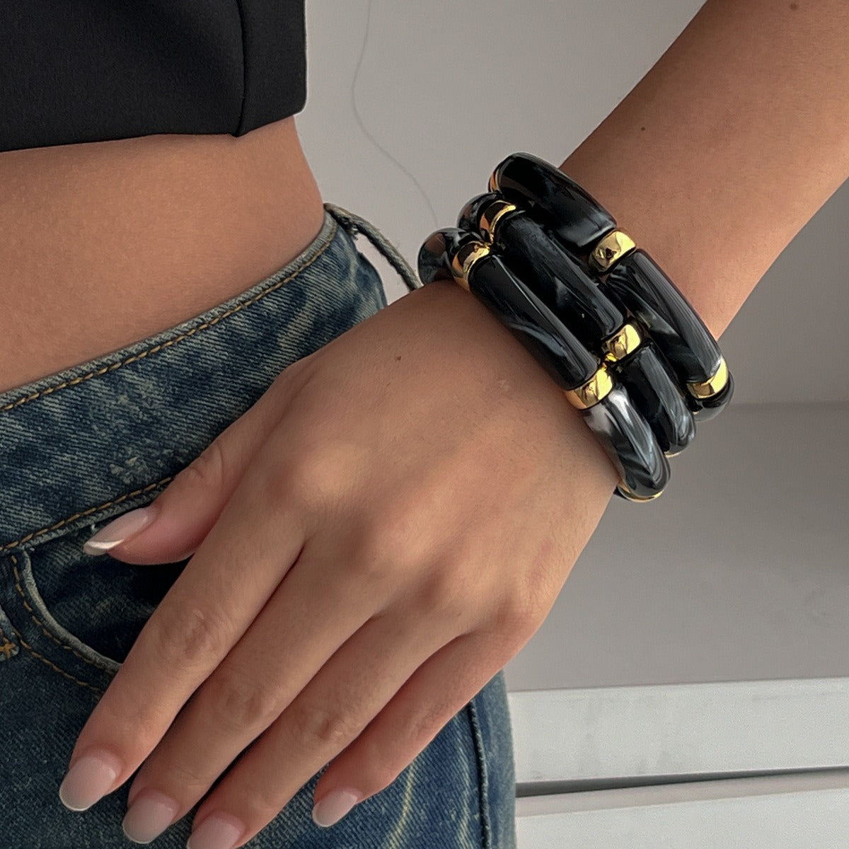 Kaze Light Luxury Beaded Bamboo Bracelet | 18K Gold-Plated S925 Silver Resin Bracelet in 8 Colours Color MixingC
