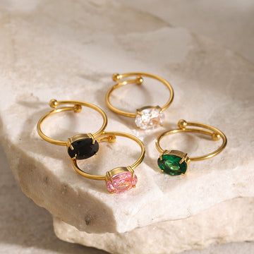 Kaze Cute Gemstone Adjustable Ring | 18K Gold Ring in White, Pink, Black &amp; Green