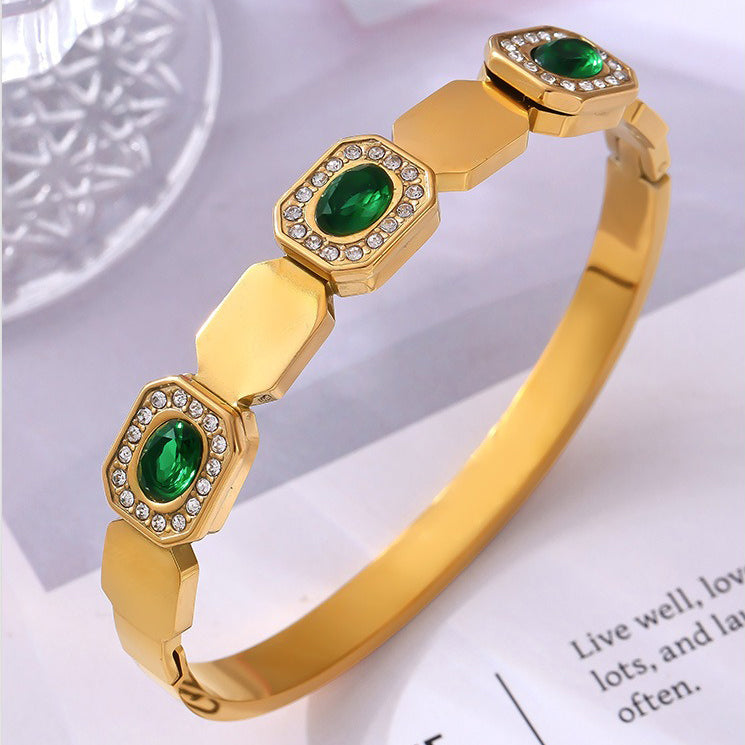 Kaze Geometric Square Gemstone Bangle | 18K Gold High-End Inlaid Bracelet