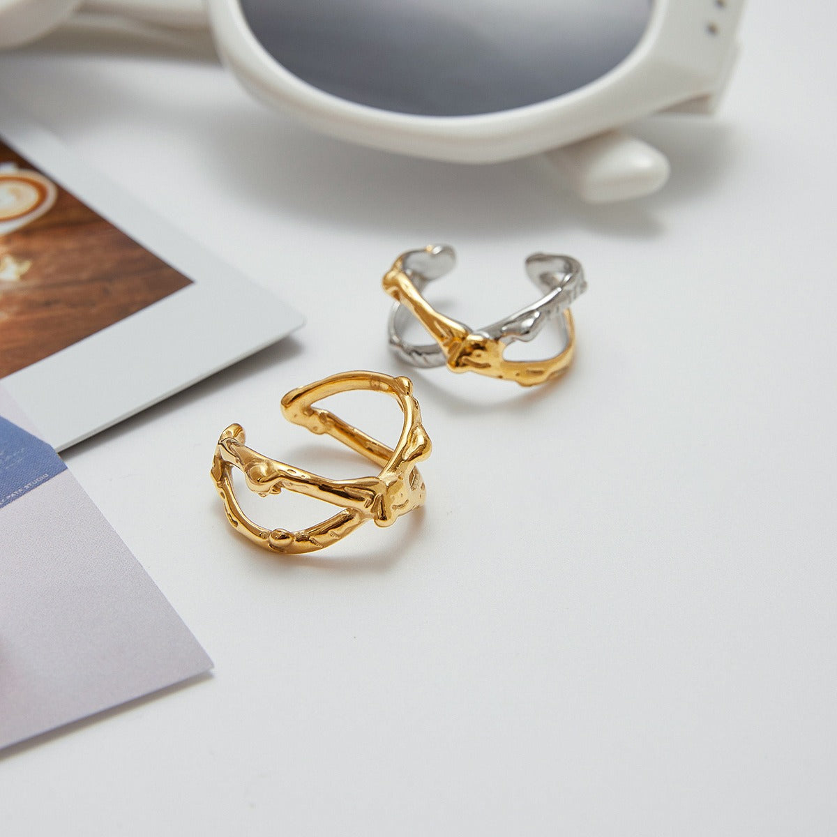 Kaze X-Shape Textured Ring | 18K Gold Statement Ring in Gold &amp; Silver