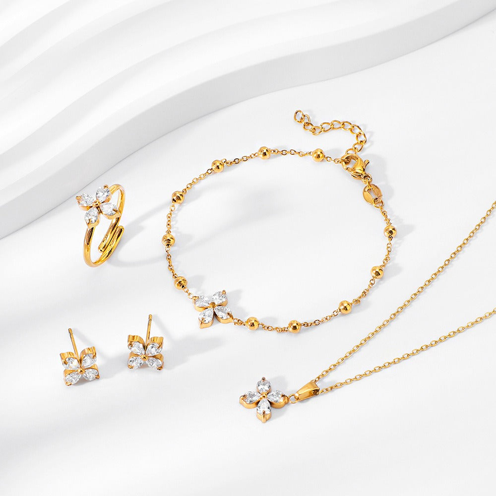 Kaze Four-Leaf Clover Gemstone Jewellery Set | 18K Gold Necklace, Bracelet, Earrings &amp; Ring