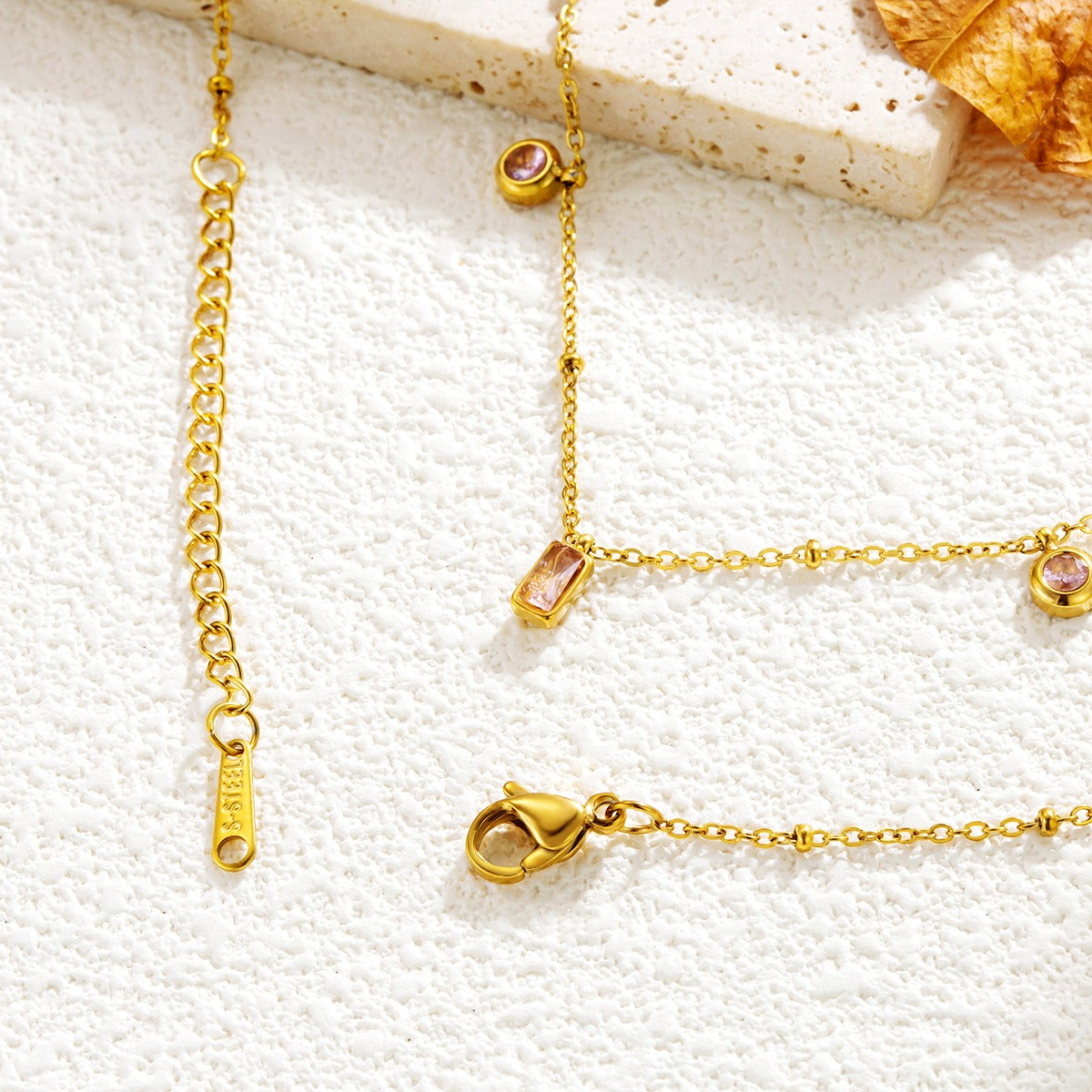 Kaze 18K Gold Square and Pink-Purple Round Pendant Necklace and Bracelet Set | Geometric Romantic Set