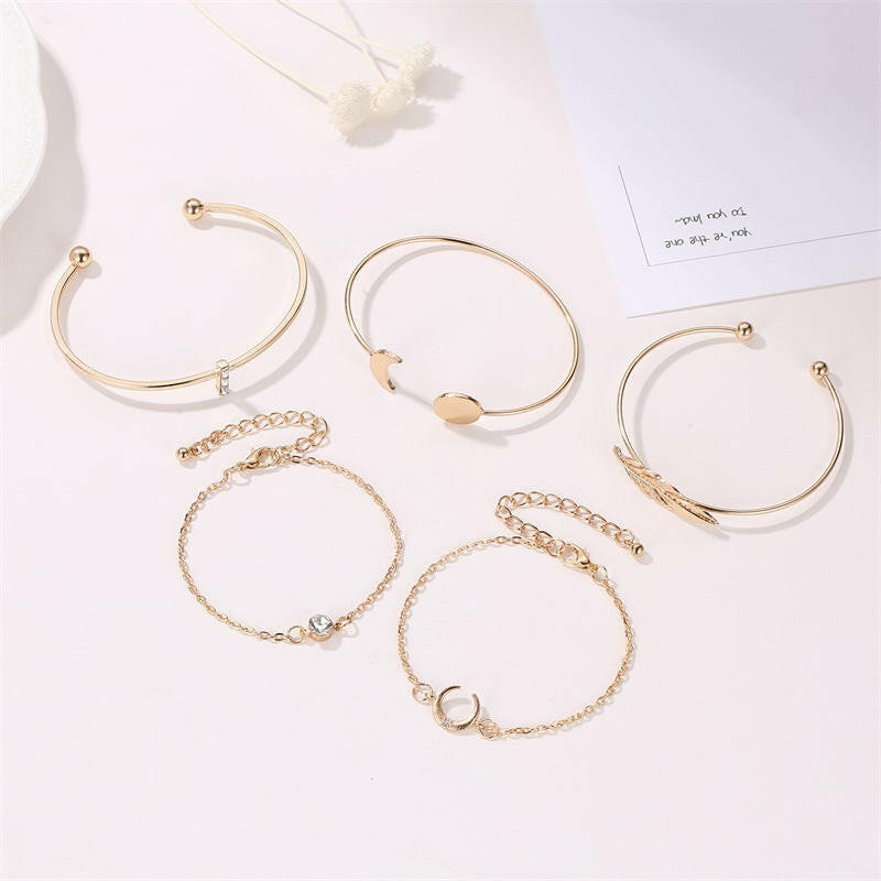 Kaze Five-Piece Boho Moon, Leaf and Crystal Bracelet Set | Gold-Tone Alloy Stacking Bracelet Set