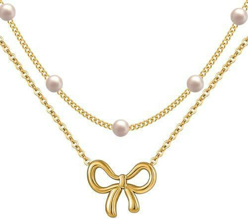 Kaze Minimalist Pearl Bow Necklace | Titanium Steel Pendant Necklace in Gold &amp; Silver Gold