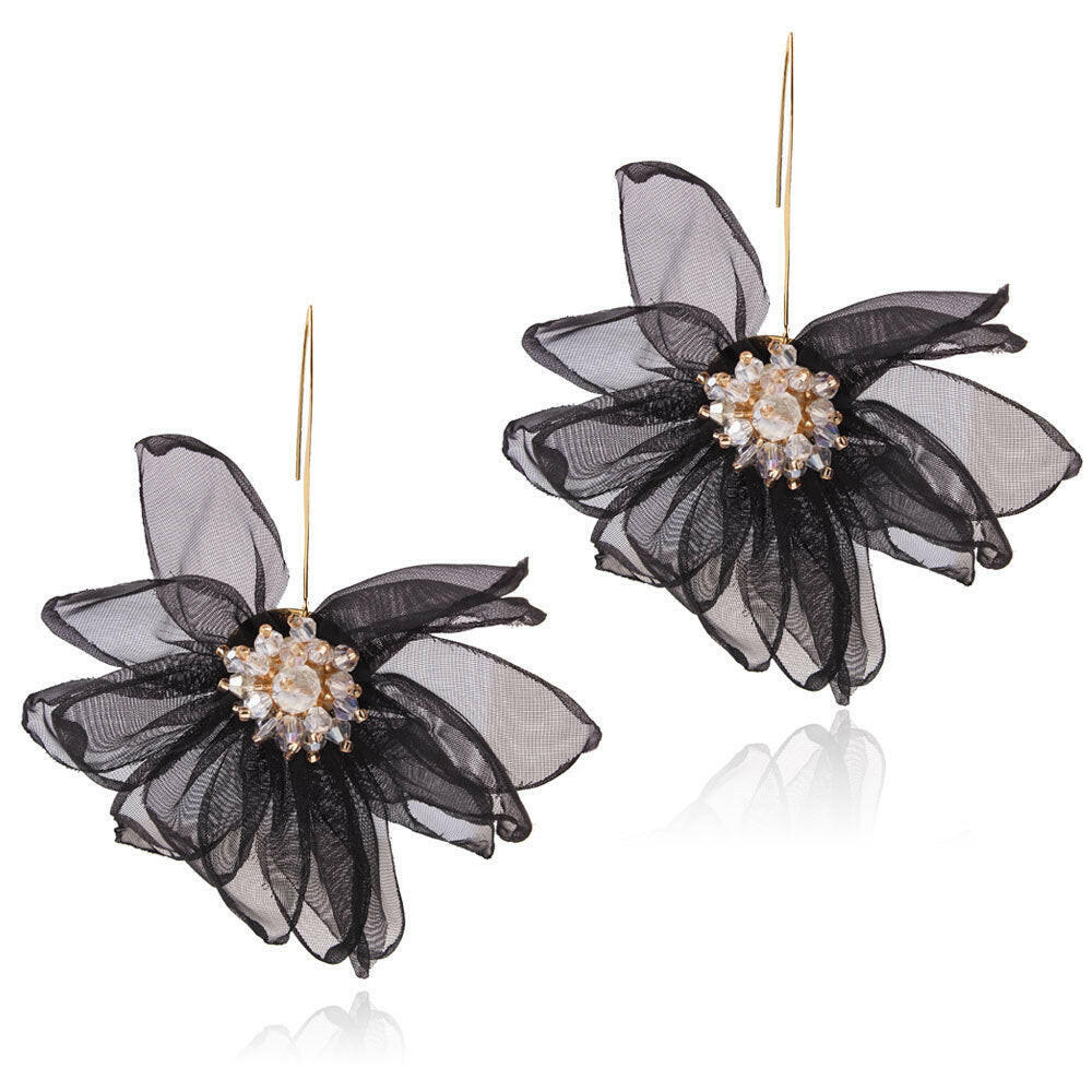 Kaze Korean Floral Drop Earrings | Delicate Alloy Flower Earrings in White, Black &amp; Pink Black