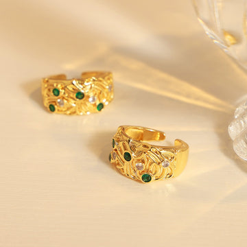 Kaze Retro Irregular Carved Zircon Open Ring | 18K Gold-Plated Stainless Steel Adjustable Ring
