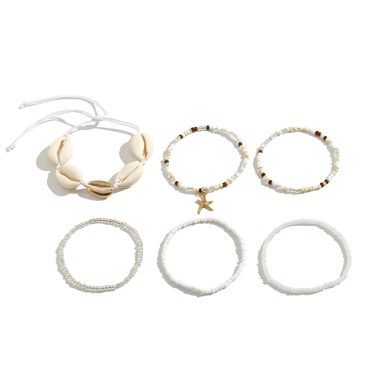 Kaze Beach Starfish Shell Rice Bead Bracelet Set | Bohemian Layered Bracelet in 4 &amp; 6 Piece Sets