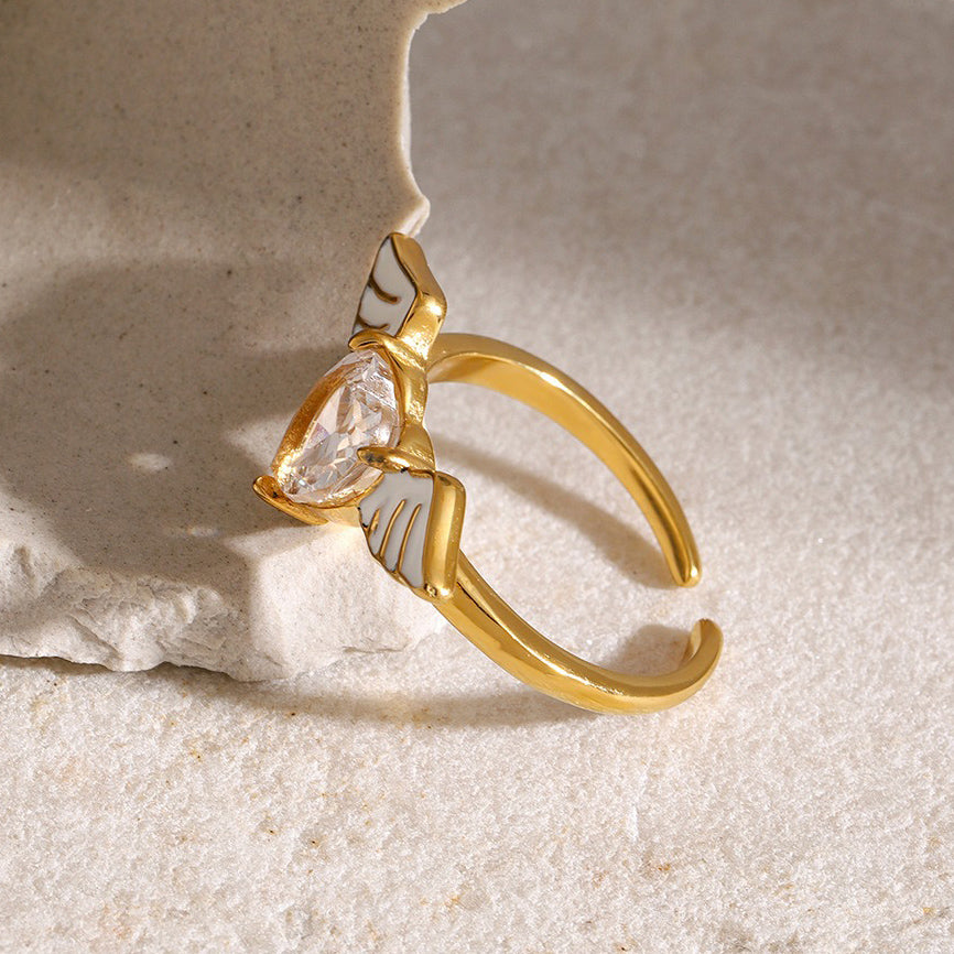 Kaze Angel Wings Heart Gemstone Ring | 18K Gold Adjustable Ring for Women