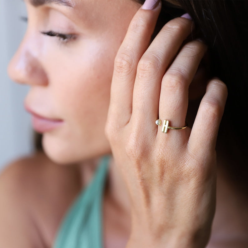 Kaze Personalised Open Ring with Birthstones, Numbers and Letters | Custom Engraved Ring in Silver, Gold &amp; Rose Gold