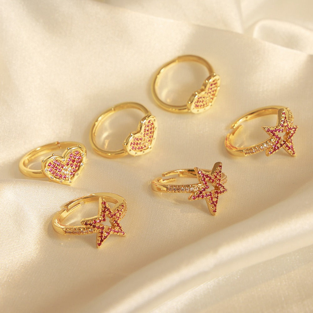 Kaze Heart and Hollow Star Zircon Ring | 18K Gold Adjustable Ring in Heart &amp; Star Design