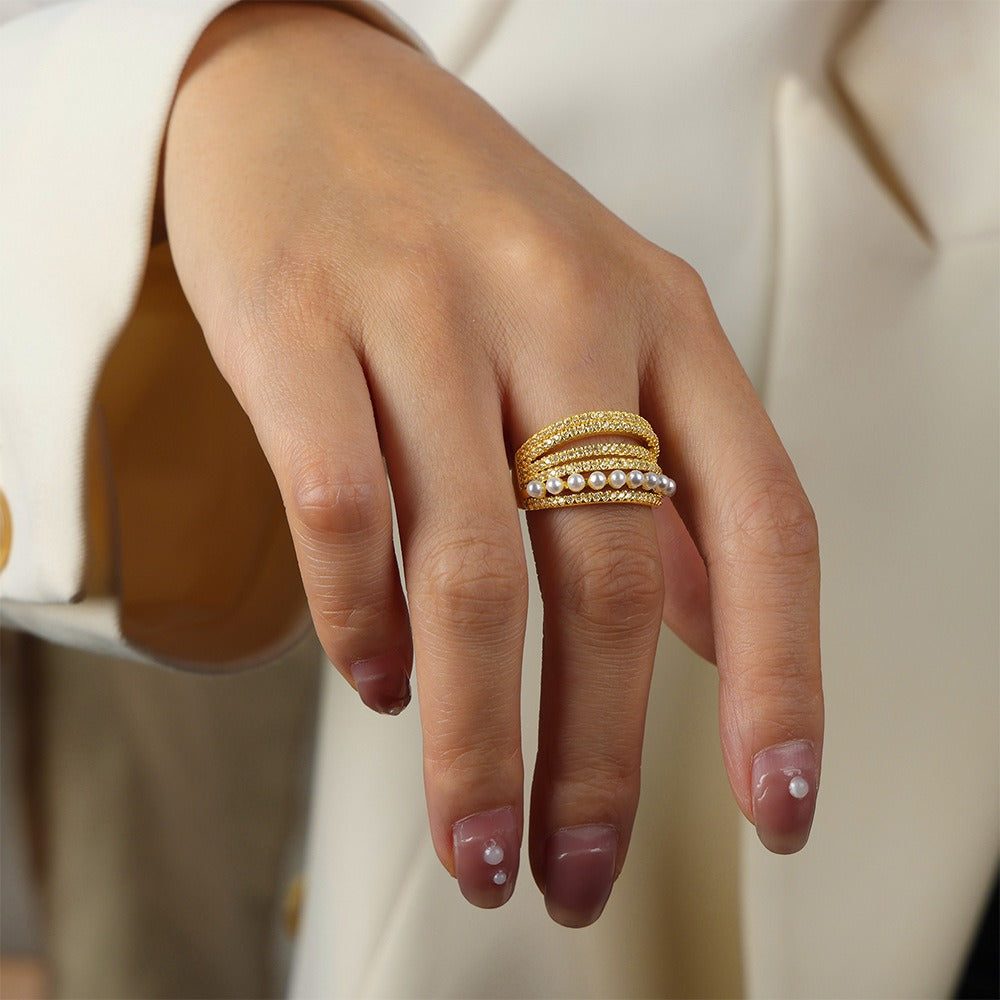 18K Gold Multi-Layered Open Ring with Zircon and Pearl Accents