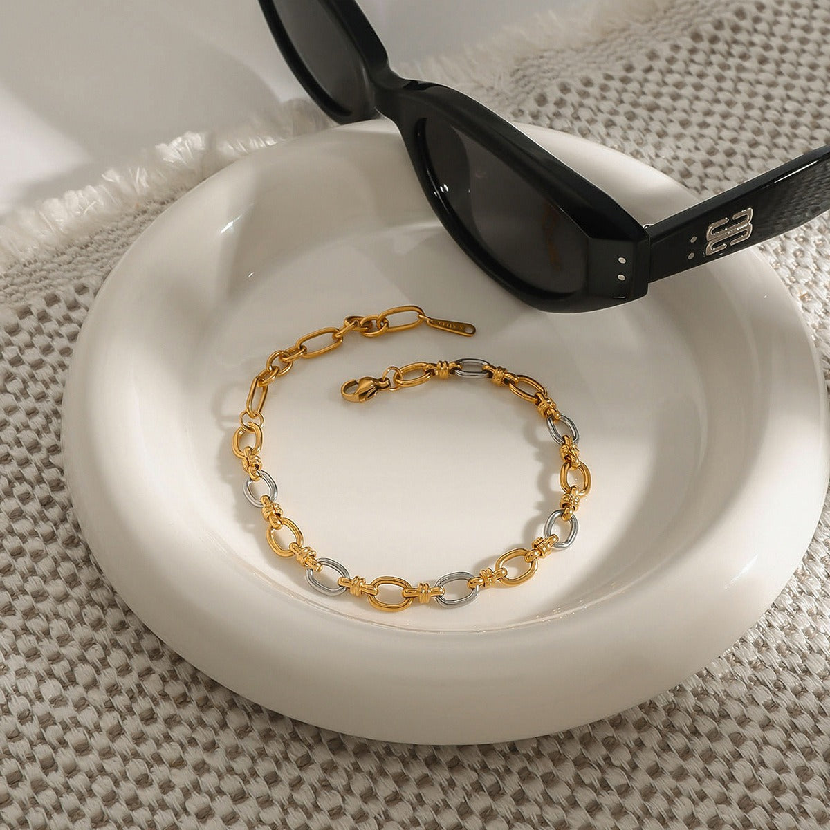 Kaze Two-Tone Chain Necklace &amp; Bracelet Set | 18K Gold Silver Colour-Block Chain Set